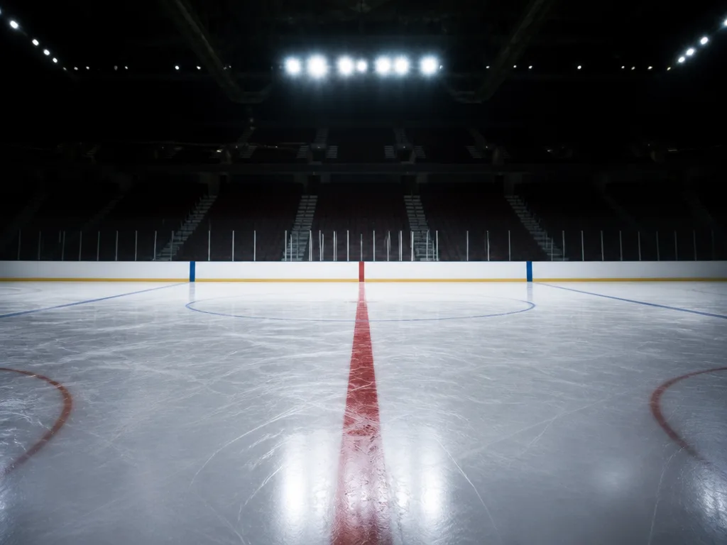 Tom ishockeyrink med dramatisk arenabelysning