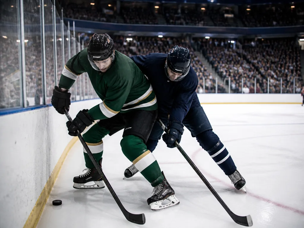 Två spelare kämpar om pucken vid sargen i en europeisk arena